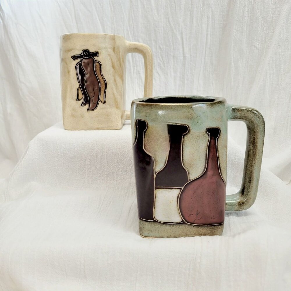 Handcrafted Stoneware Mugs Set Design By Mara Mexico With Chiles / Bottles
